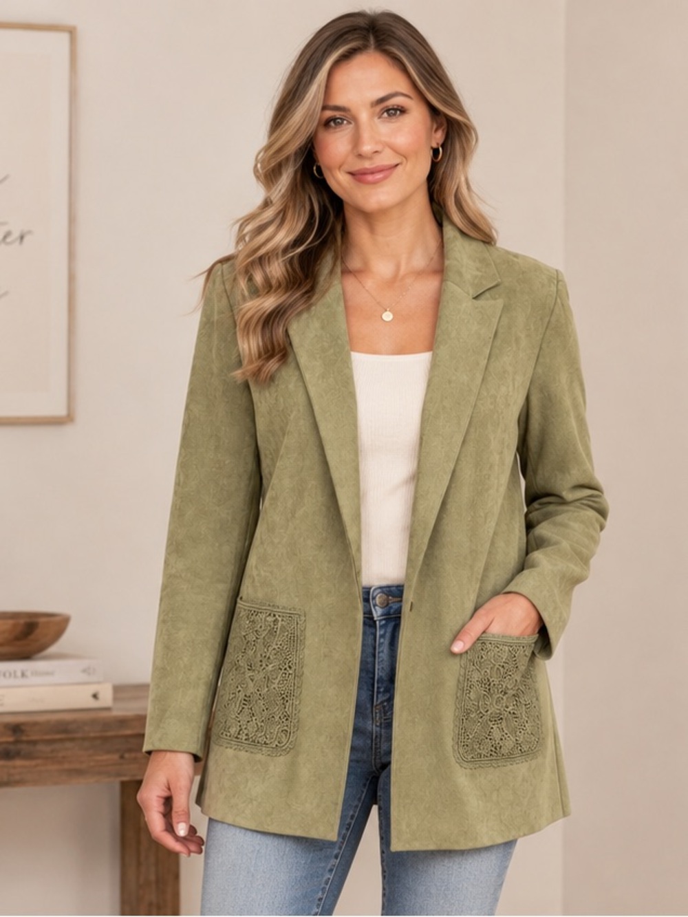 Anthropologie Solitaire Faux Suede Blazer S Olive Crochet Pockets Open Front